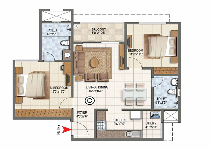 Prestige Southern Star 2 BHK Floor Plan